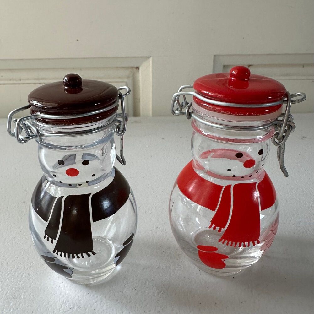 Vintage Set Of 2 Glass Christmas Snowman Jar Flip Metal Wire Bail Lid Latch